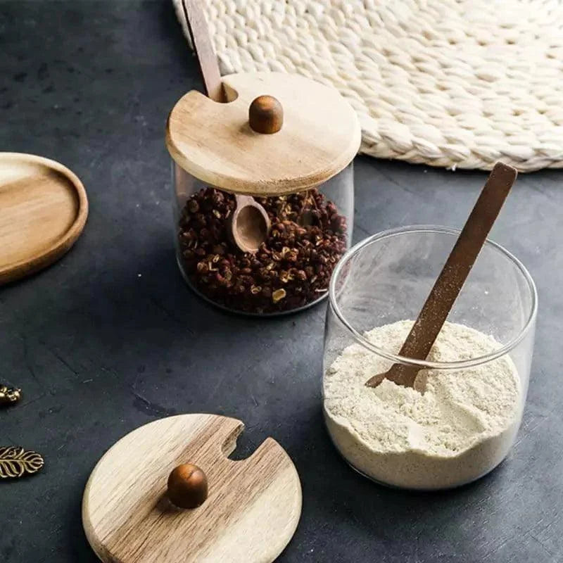 Conjunto de Potes de Vidro Tampa de Madeira