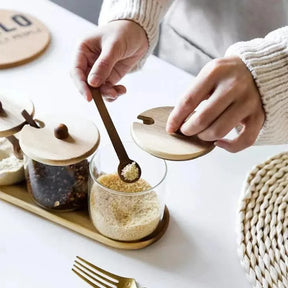 Conjunto de Potes de Vidro Tampa de Madeira