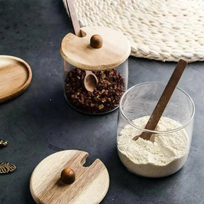 Conjunto de Potes de Vidro Tampa de Madeira