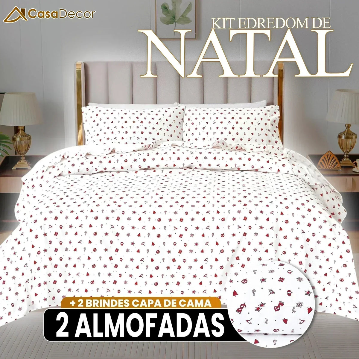 Conjunto de Edredom de Natal em Algodão Egípcio + BRINDES: 2 Almofadas e Capa de Cama