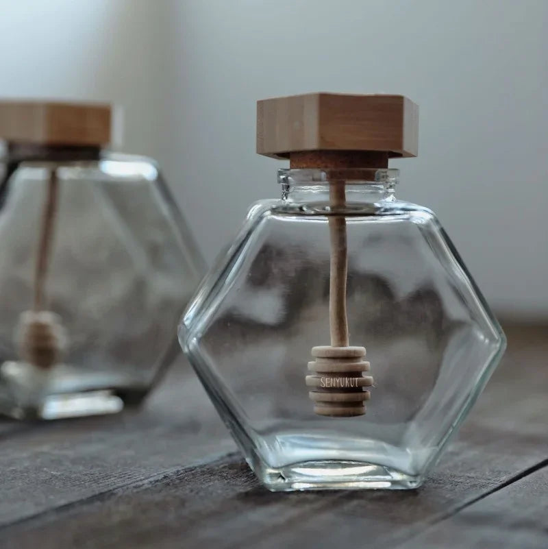 Meleira de Vidro Porta Mel com Colher e Tampa de Madeira