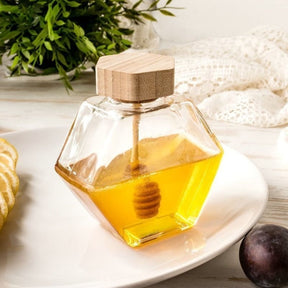 Meleira de Vidro Porta Mel com Colher e Tampa de Madeira