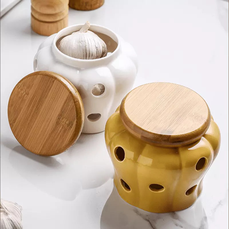 Pote Organizador de Cerâmica com Tampa de Madeira