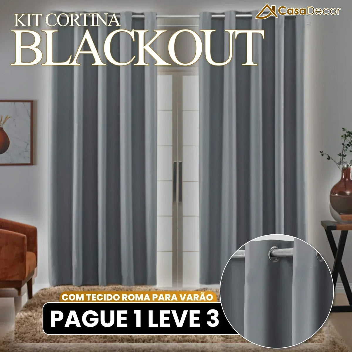 [Pague 1, Leve 3] Cortina Blackout com Tecido Roma Para Varão de 2 Metros