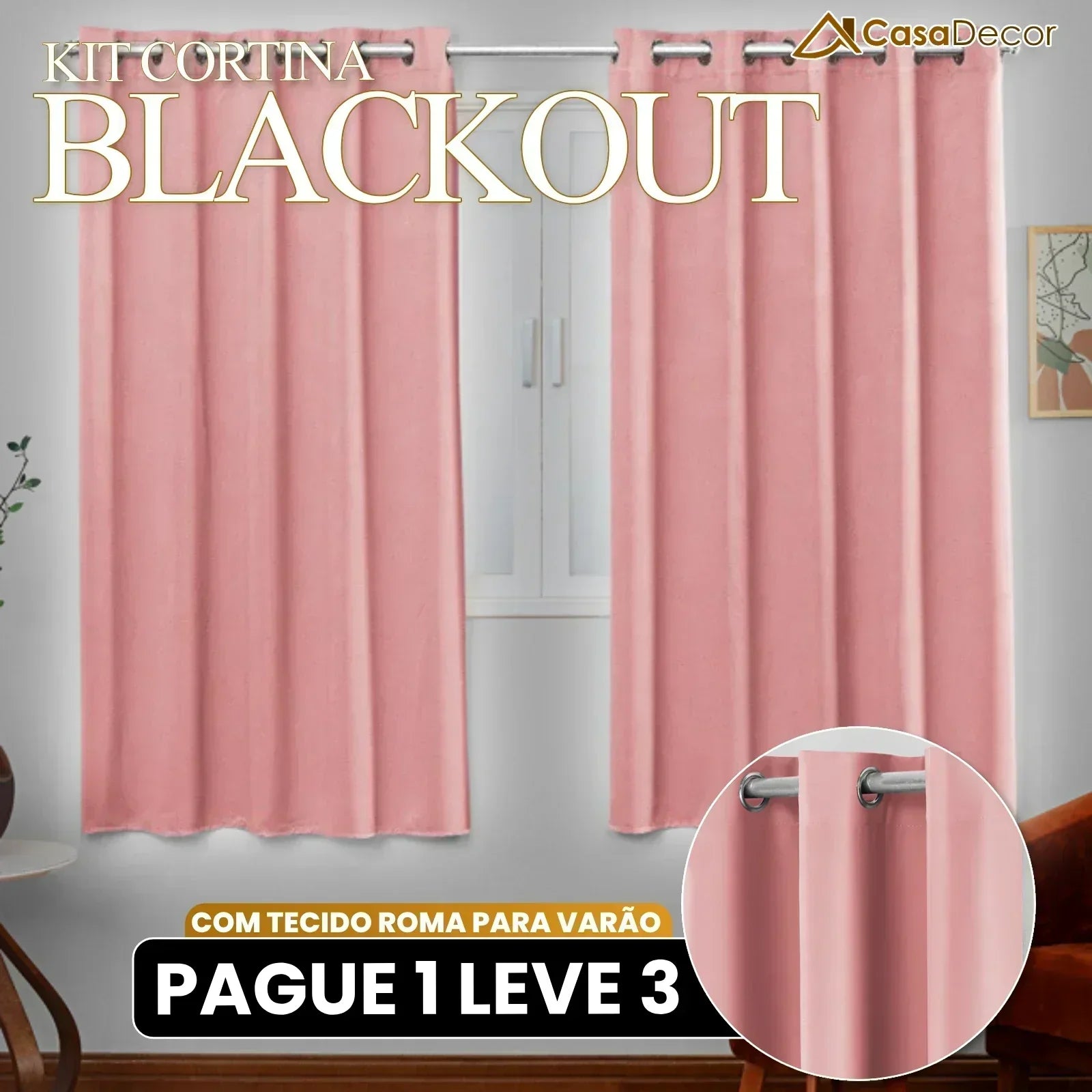 [Pague 1, Leve 3] Cortina Blackout com Tecido Roma Para Varão de 2 Metros