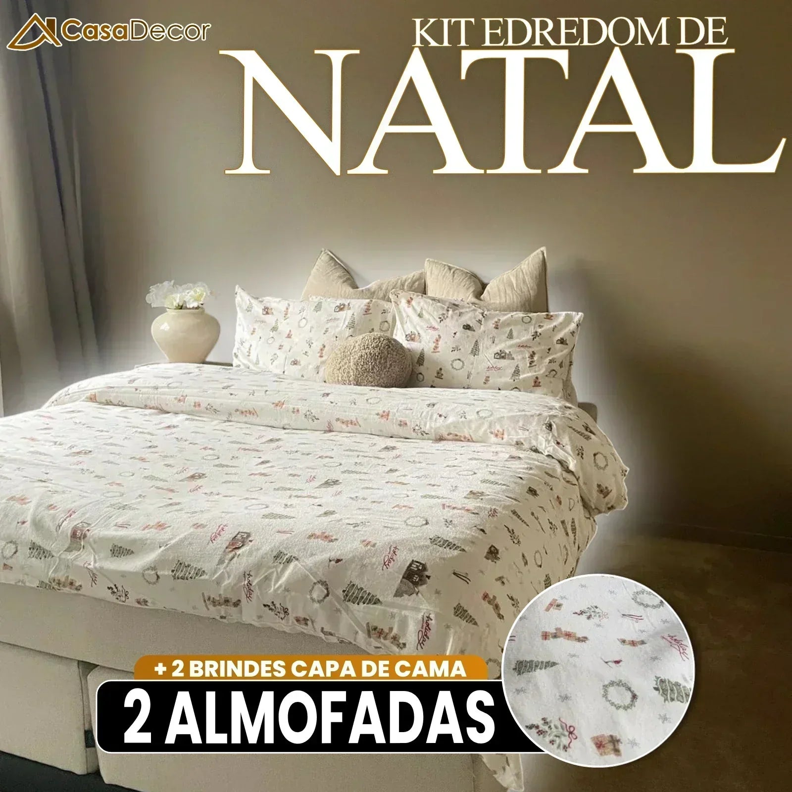 Conjunto de Edredom de Natal em Algodão Egípcio + BRINDES: 2 Almofadas e Capa de Cama